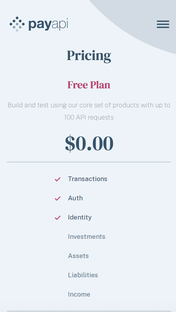 pay api plans page for mobile