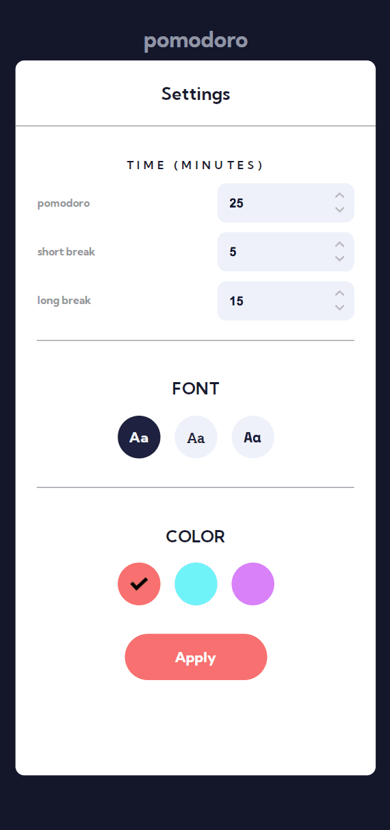 pomodoro menu for mobile